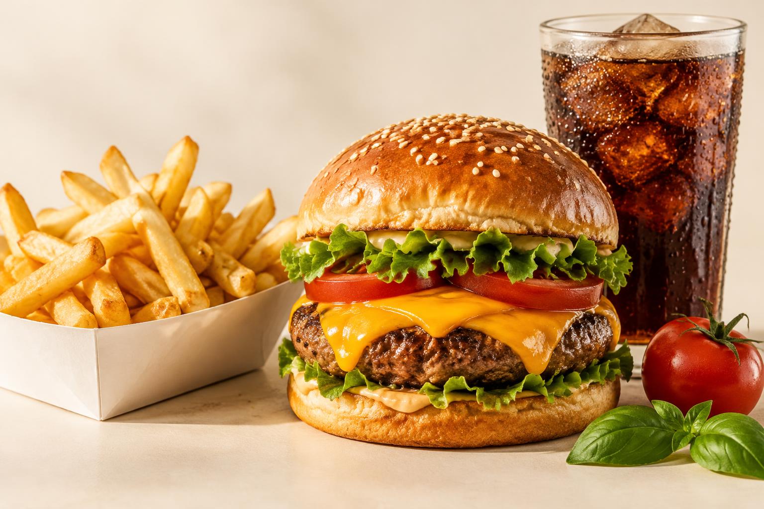 Gourmet cheeseburger, crispy golden fries and an ice-cold refreshing drink