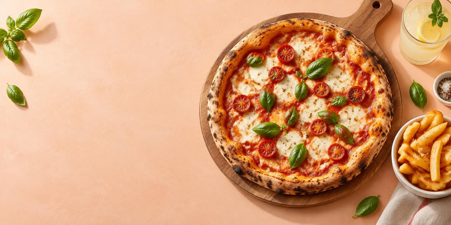 Fresh basil pizza with golden fries and lemonade